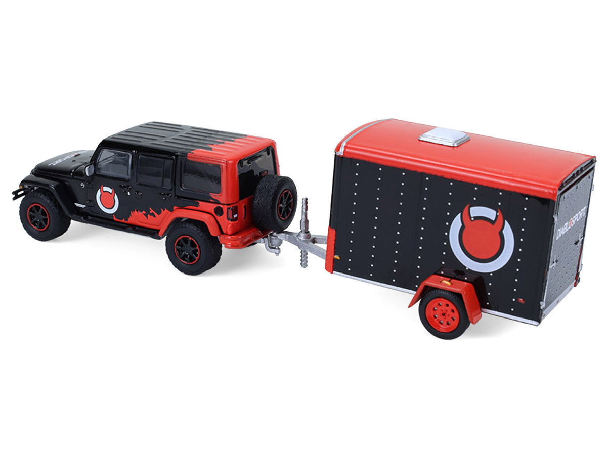 2012 Jeep Wrangler Unlimited "Diablo Sport" Black with Red Graphics and Small Cargo Trailer "Hitch & Tow" Series 33 1/64 Diecast Model Cars by Greenlight Greenlight