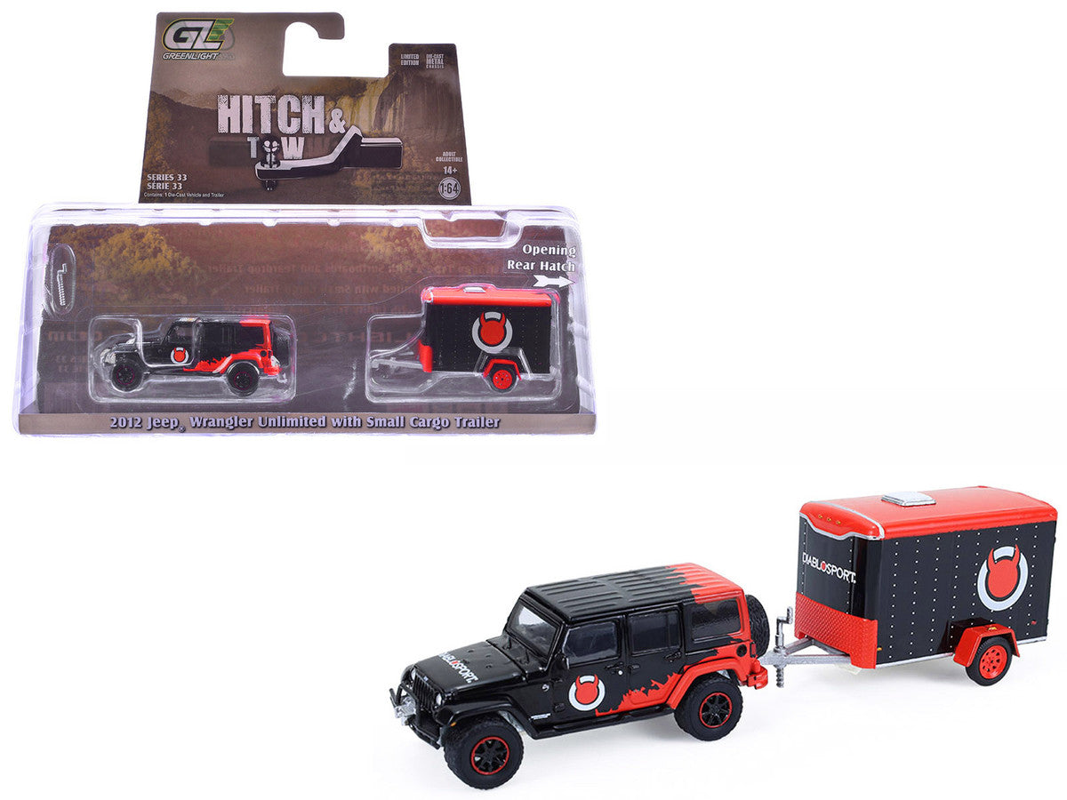 2012 Jeep Wrangler Unlimited "Diablo Sport" Black with Red Graphics and Small Cargo Trailer "Hitch & Tow" Series 33 1/64 Diecast Model Cars by Greenlight Greenlight