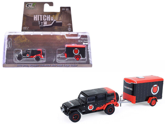 2012 Jeep Wrangler Unlimited "Diablo Sport" Black with Red Graphics and Small Cargo Trailer "Hitch & Tow" Series 33 1/64 Diecast Model Cars by Greenlight Greenlight