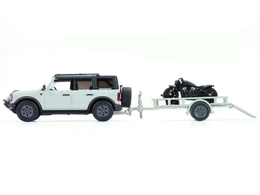 2021 Ford Bronco 4-Door Badlands Cactus Gray with Black Top and Motorcycle with Utility Trailer "Hitch & Tow" Series 33 1/64 Diecast Model Cars by Greenlight Greenlight
