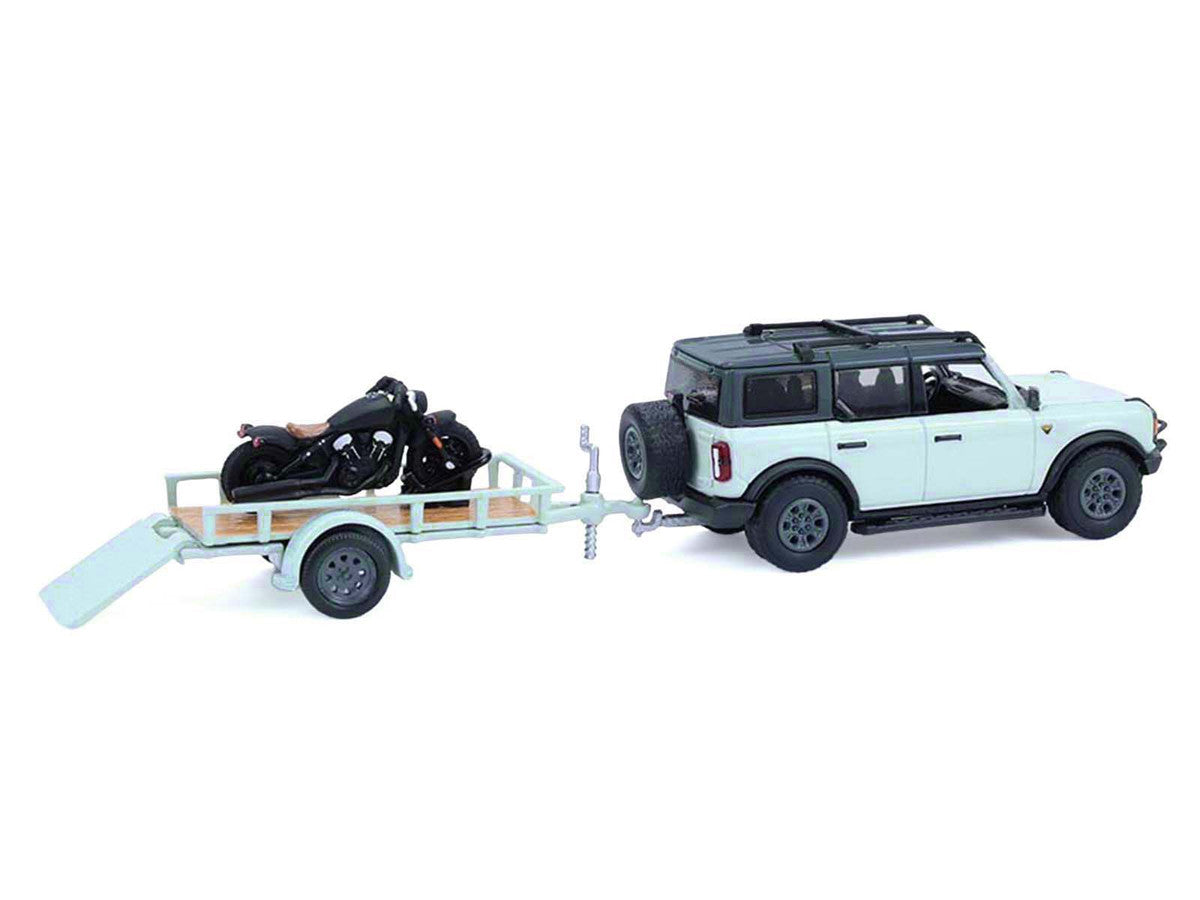 2021 Ford Bronco 4-Door Badlands Cactus Gray with Black Top and Motorcycle with Utility Trailer "Hitch & Tow" Series 33 1/64 Diecast Model Cars by Greenlight Greenlight