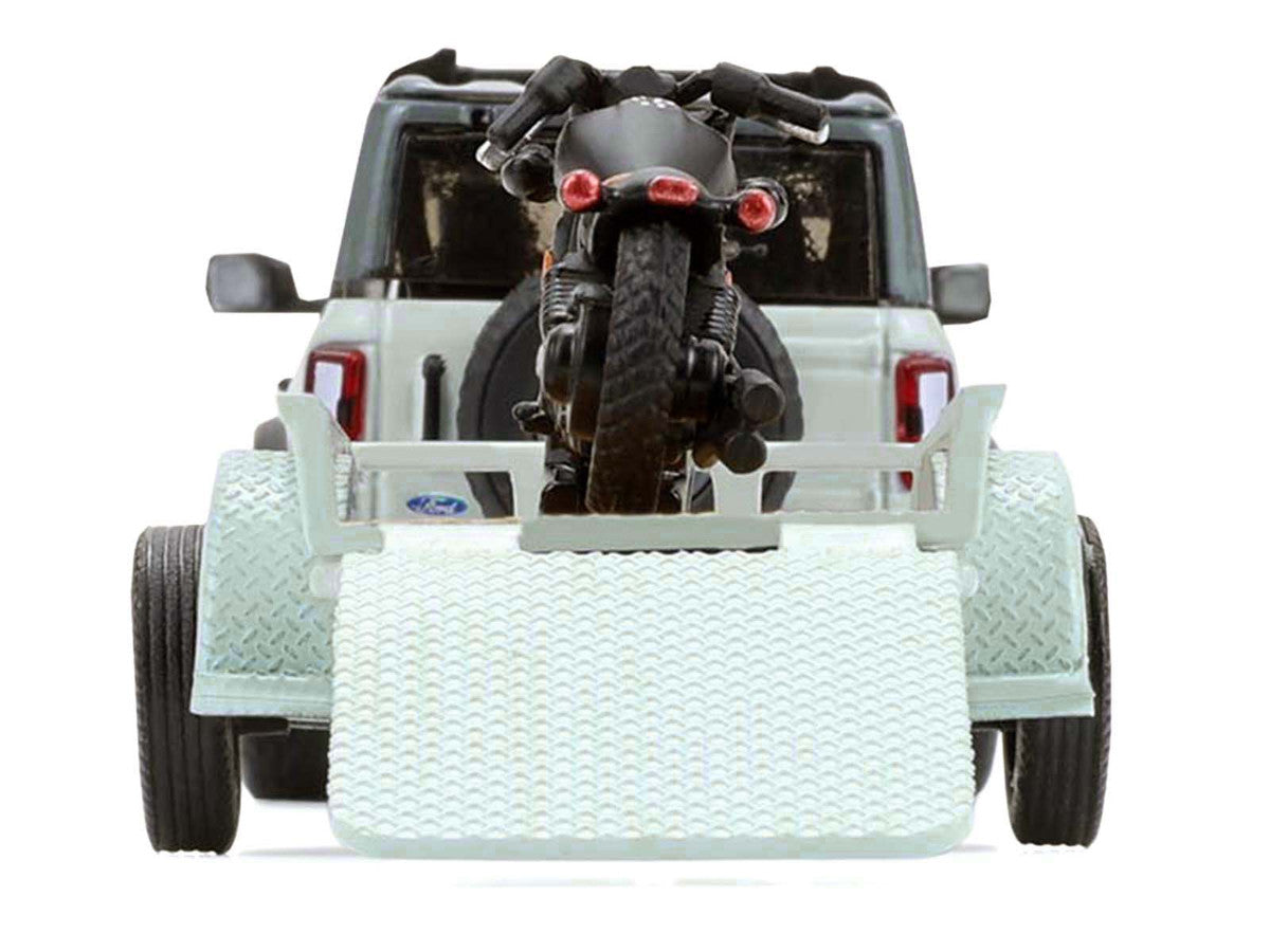 2021 Ford Bronco 4-Door Badlands Cactus Gray with Black Top and Motorcycle with Utility Trailer "Hitch & Tow" Series 33 1/64 Diecast Model Cars by Greenlight Greenlight