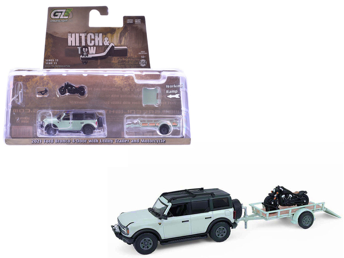 2021 Ford Bronco 4-Door Badlands Cactus Gray with Black Top and Motorcycle with Utility Trailer "Hitch & Tow" Series 33 1/64 Diecast Model Cars by Greenlight Greenlight