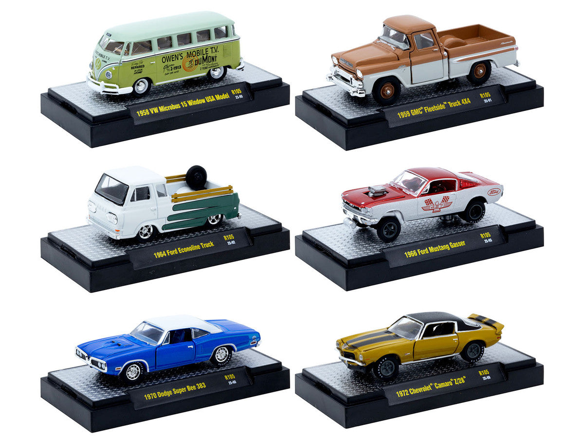 "Auto-Thentics" 6 piece Set Release 105 IN DISPLAY CASES Limited Edition 1/64 Diecast Model Cars by M2 Machines M2