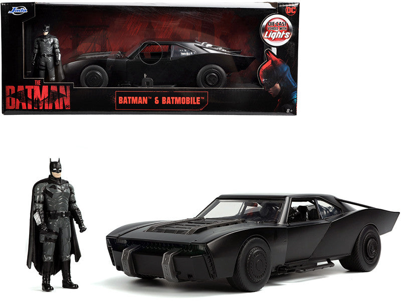 Batmobile Matt Black with Lights with Batman Diecast Figurine "The Batman" (2022) Movie "DC Comics" 1/18 Diecast Model Car by Jada Jada