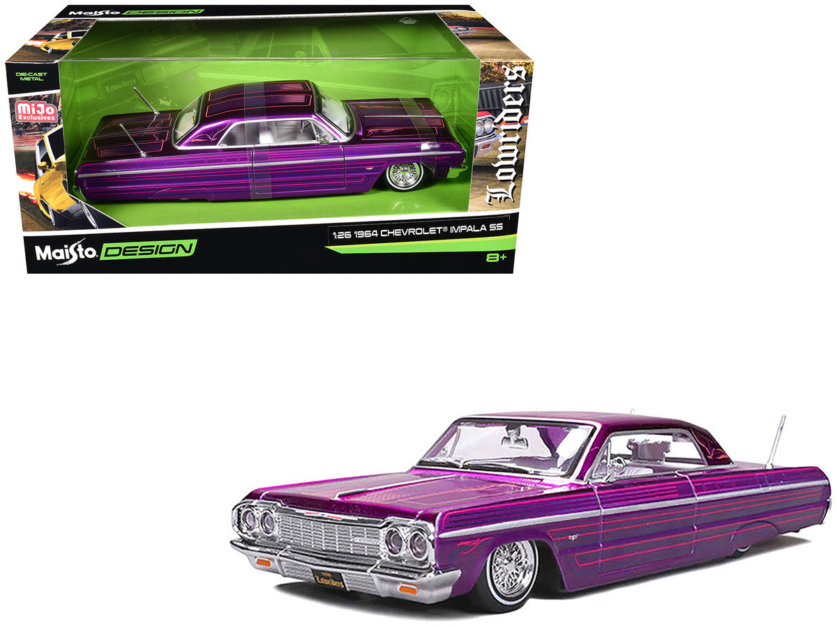 1964 Chevrolet Impala SS Lowrider Candy Purple with Graphics and White Interior "Lowriders" "Maisto Design" Series 1/26 Diecast Model Car by Maisto Maisto