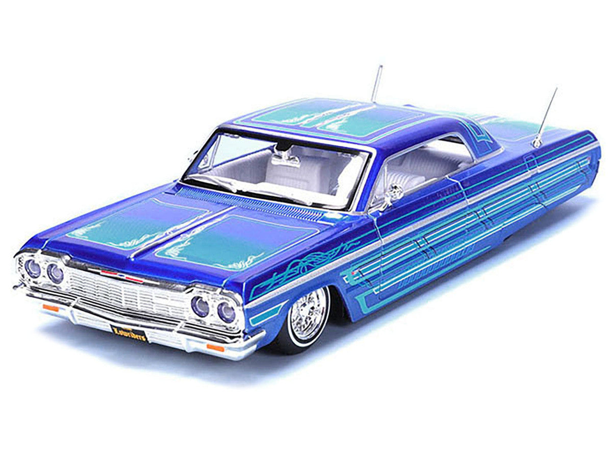 1964 Chevrolet Impala SS Lowrider Candy Blue with Graphics and White Interior "Lowriders" "Maisto Design" Series 1/26 Diecast Model Car by Maisto Maisto