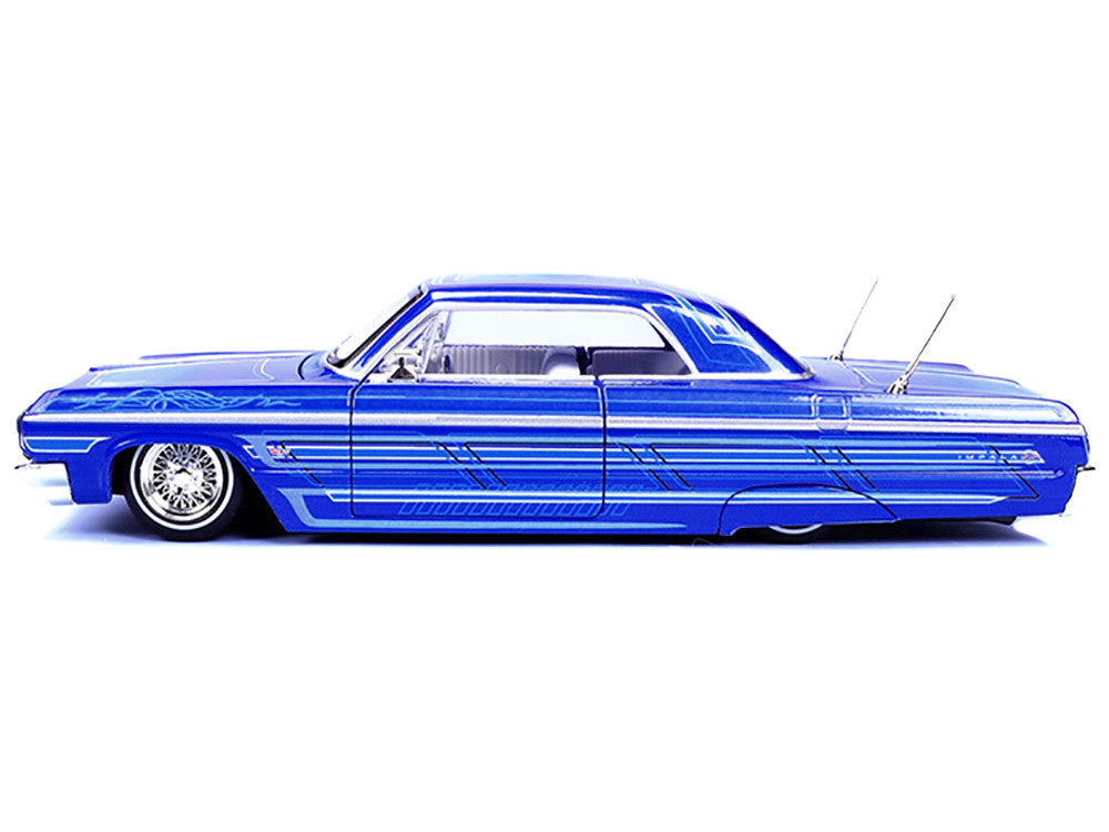 1964 Chevrolet Impala SS Lowrider Candy Blue with Graphics and White Interior "Lowriders" "Maisto Design" Series 1/26 Diecast Model Car by Maisto Maisto