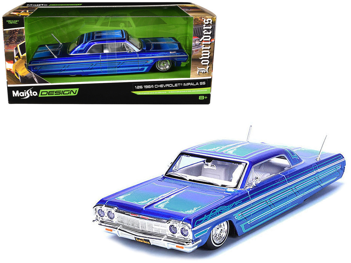 1964 Chevrolet Impala SS Lowrider Candy Blue with Graphics and White Interior "Lowriders" "Maisto Design" Series 1/26 Diecast Model Car by Maisto Maisto