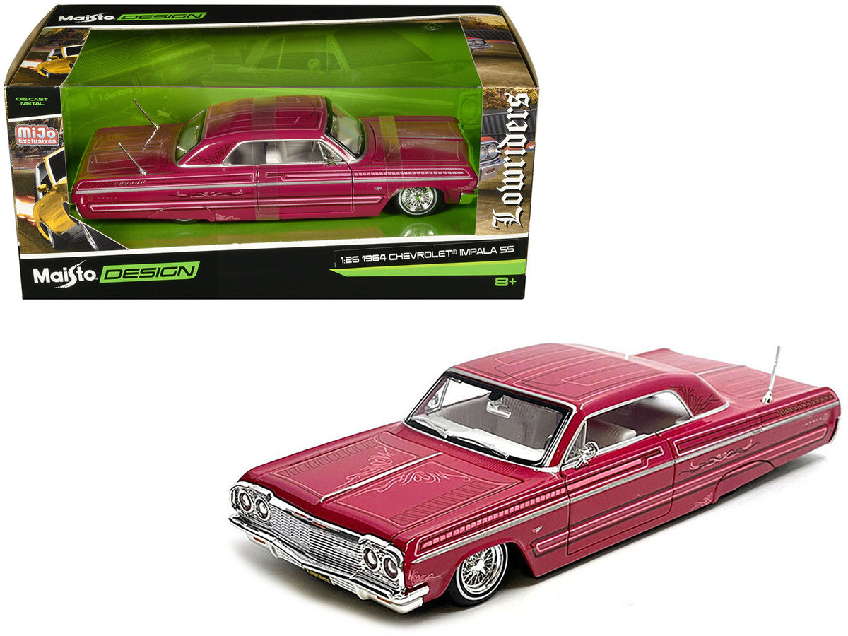 1964 Chevrolet Impala SS Lowrider Pink with Graphics and White Interior "Lowriders" "Maisto Design" Series 1/26 Diecast Model Car by Maisto Maisto