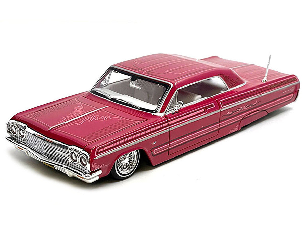1964 Chevrolet Impala SS Lowrider Pink with Graphics and White Interior "Lowriders" "Maisto Design" Series 1/26 Diecast Model Car by Maisto Maisto