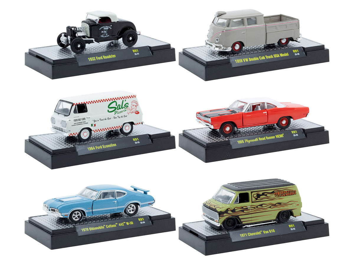 "Auto Meets" Set of 6 Cars IN DISPLAY CASES Release 91 Limited Edition 1/64 Diecast Model Cars by M2 Machines-0