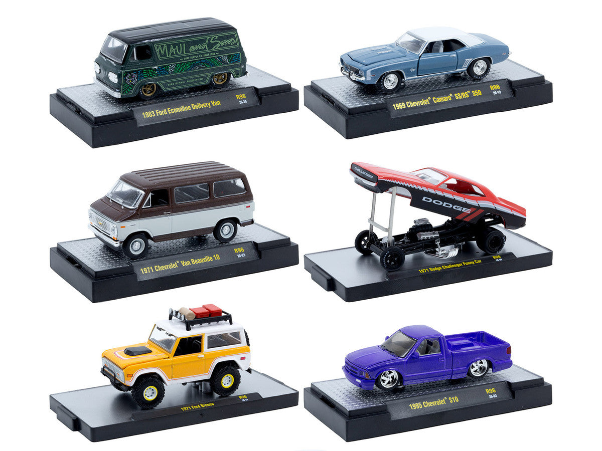 "Auto Meets" Set of 6 Cars IN DISPLAY CASES Release 96 Limited Edition 1/64 Diecast Model Cars by M2 Machines M2