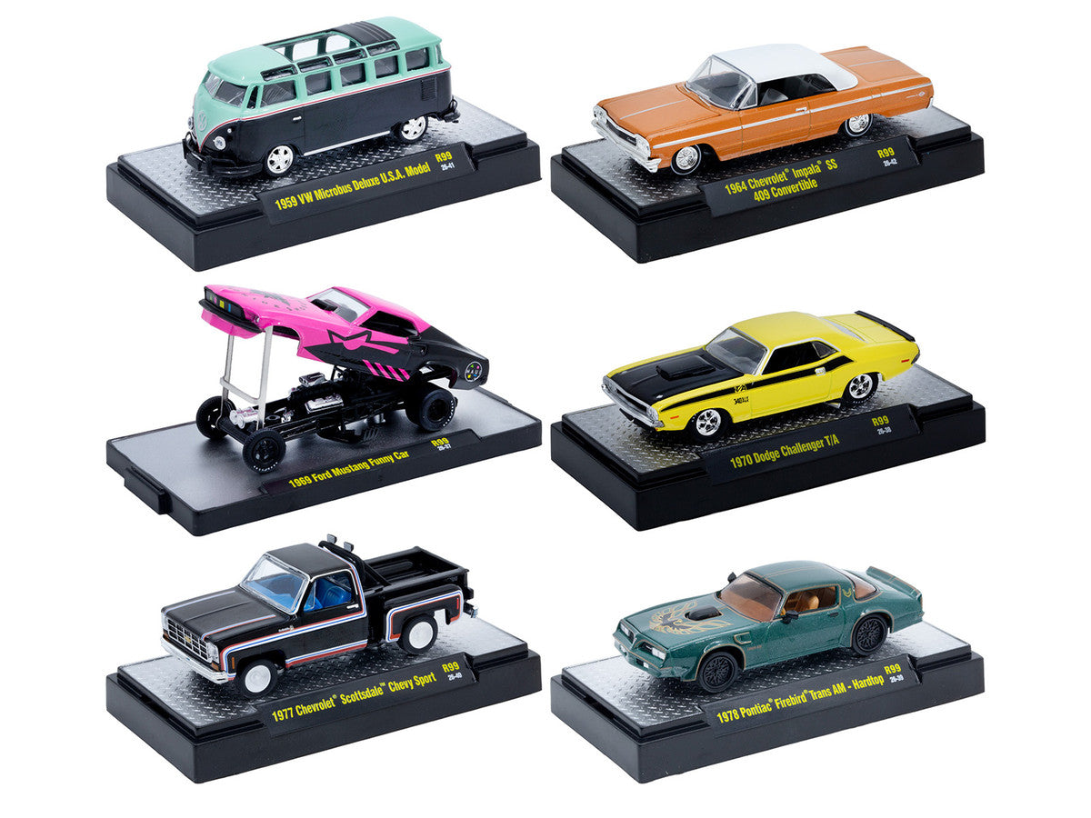 "Auto Meets" Set of 6 Cars IN DISPLAY CASES Release 99 Limited Edition 1/64 Diecast Model Cars by M2 Machines M2