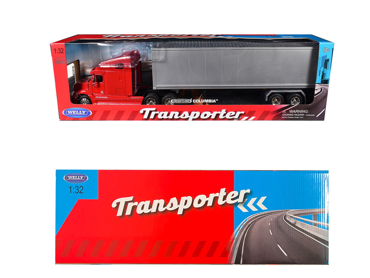 Freightliner Columbia Truck Red with Gray Container 1/32 Diecast Model by Welly Welly