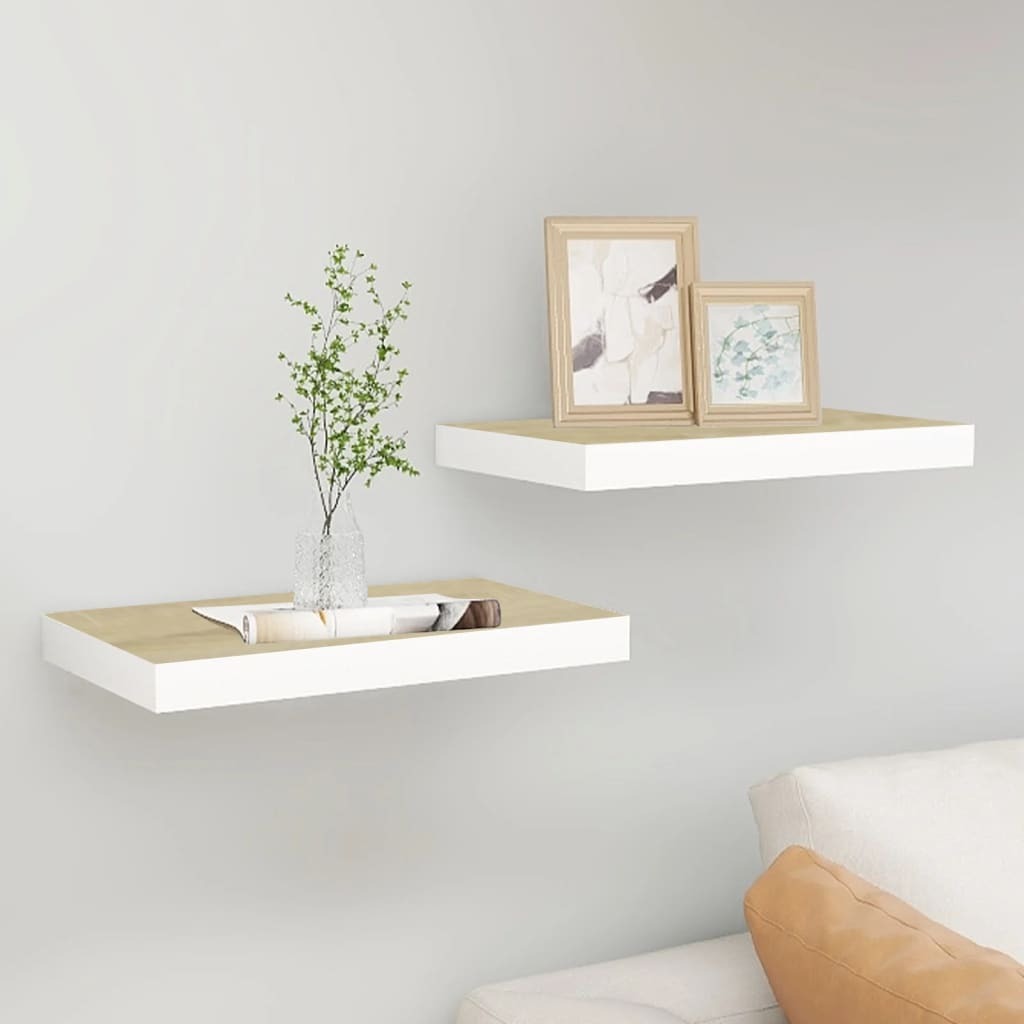 Floating Wall Shelves 2 pcs Oak and White 15.7"x9.1"x1.5" MDF W2B