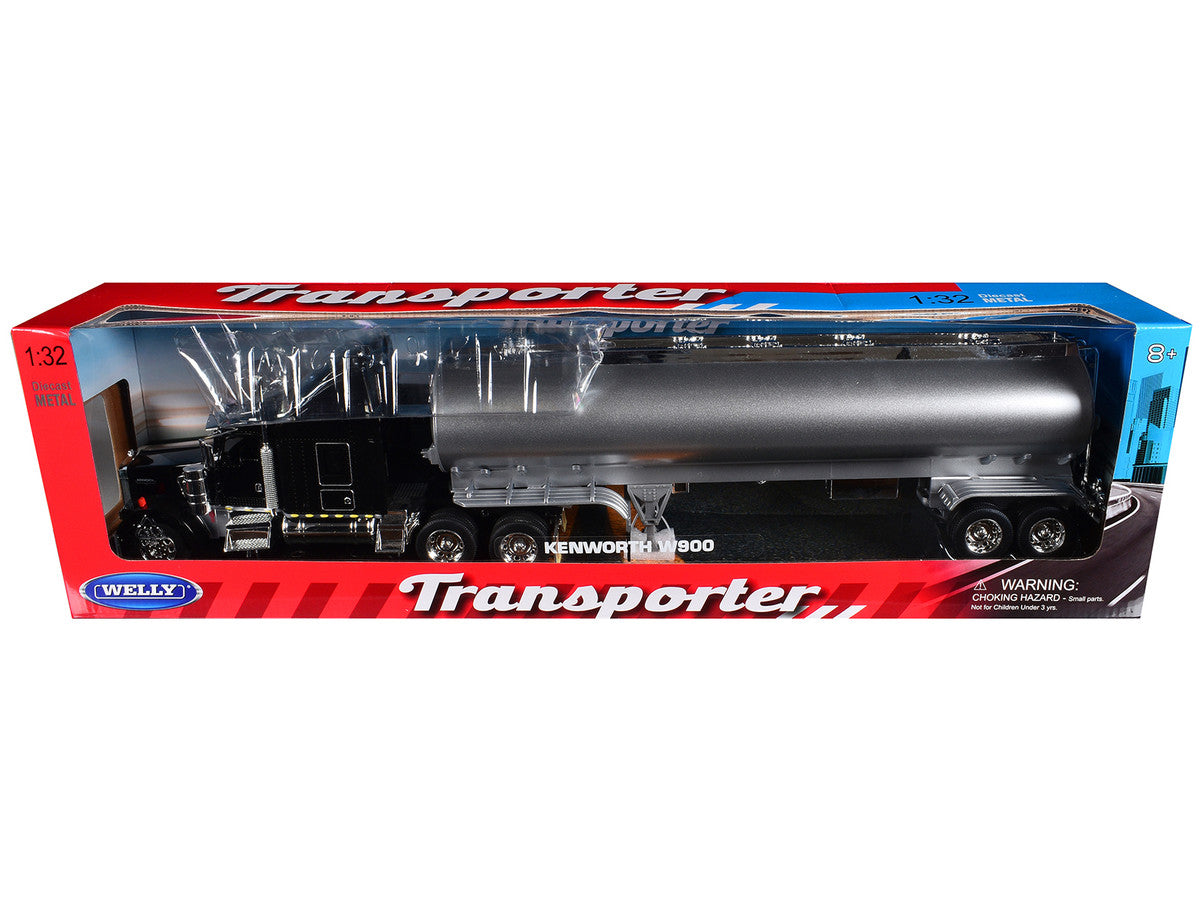 Kenworth W900 Truck Black with Silver Tanker Trailer "Transporter" Series 1/32 Diecast Model by Welly Welly