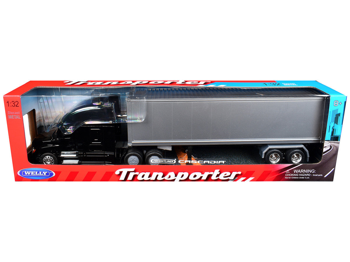 Freightliner Cascadia Truck Black with Silver Container "Transporter" Series 1/32 Diecast Model by Welly Welly