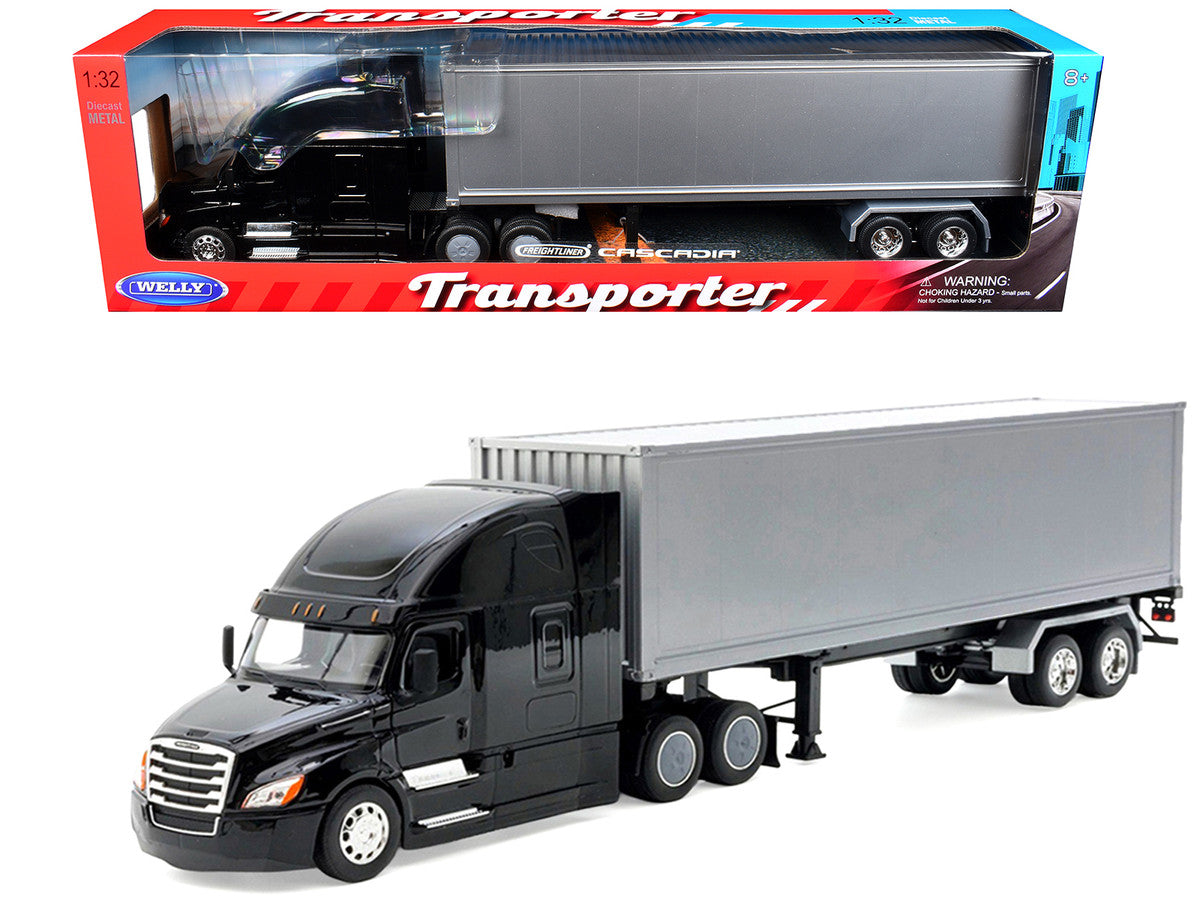 Freightliner Cascadia Truck Black with Silver Container "Transporter" Series 1/32 Diecast Model by Welly Welly