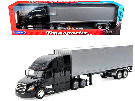 Freightliner Cascadia Truck Black with Silver Container "Transporter" Series 1/32 Diecast Model by Welly Welly