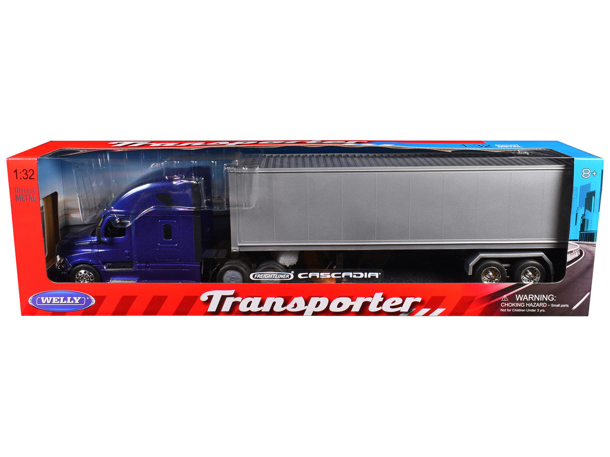 Freightliner Cascadia Truck Blue Metallic with Gray Container "Transporter" Series 1/32 Diecast Model by Welly Welly