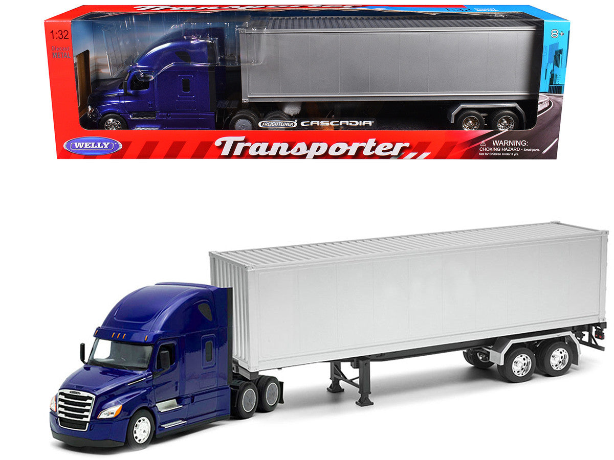 Freightliner Cascadia Truck Blue Metallic with Gray Container "Transporter" Series 1/32 Diecast Model by Welly Welly