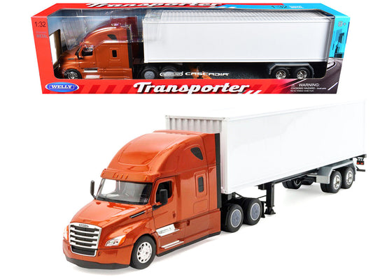 Freightliner Cascadia Truck Bronze Metallic with White Container "Transporter" Series 1/32 Diecast Model by Welly Welly