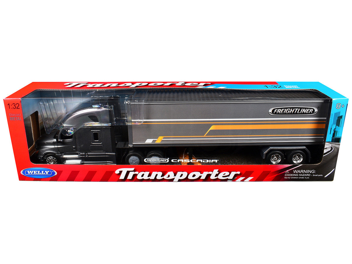 Freightliner Cascadia Truck Gray Metallic with Gray Container with Graphics "Transporter" Series 1/32 Diecast Model by Welly Welly