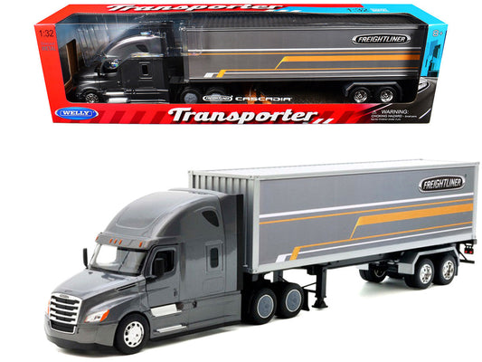 Freightliner Cascadia Truck Gray Metallic with Gray Container with Graphics "Transporter" Series 1/32 Diecast Model by Welly Welly