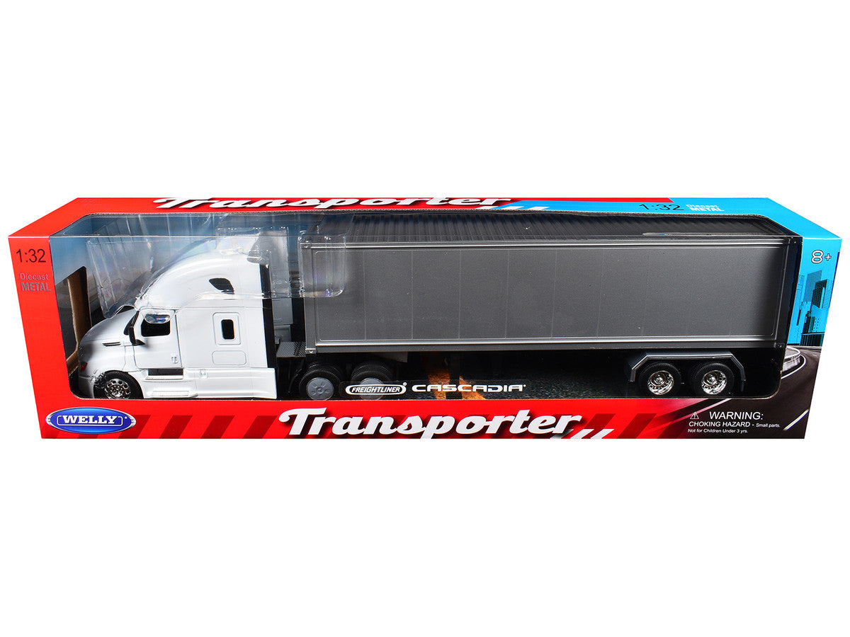 Freightliner Cascadia Truck White with Gray Container "Transporter" Series 1/32 Diecast Model by Welly Welly