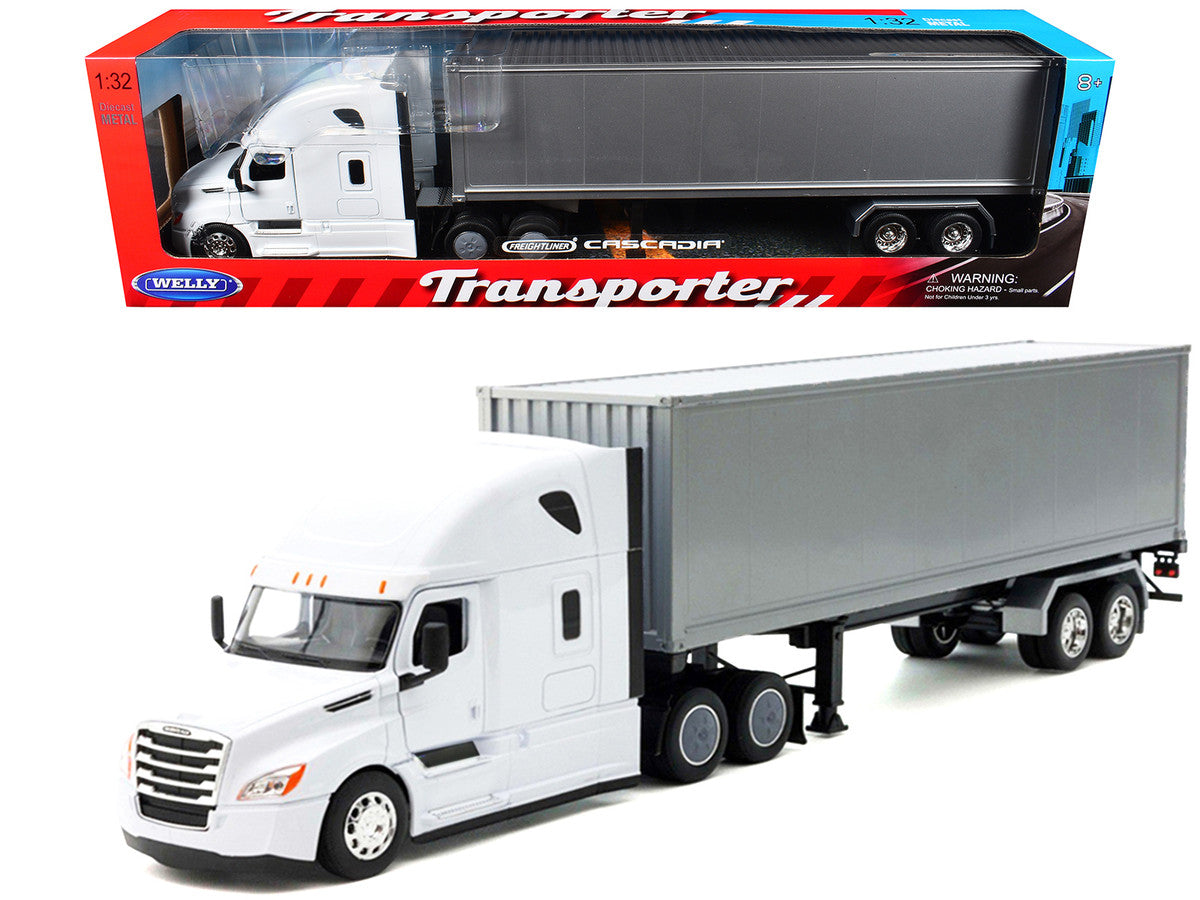 Freightliner Cascadia Truck White with Gray Container "Transporter" Series 1/32 Diecast Model by Welly Welly