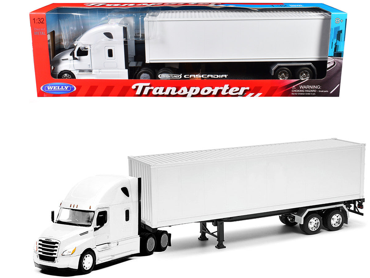 Freightliner Cascadia Truck White with White Container "Transporter" Series 1/32 Diecast Model by Welly Welly