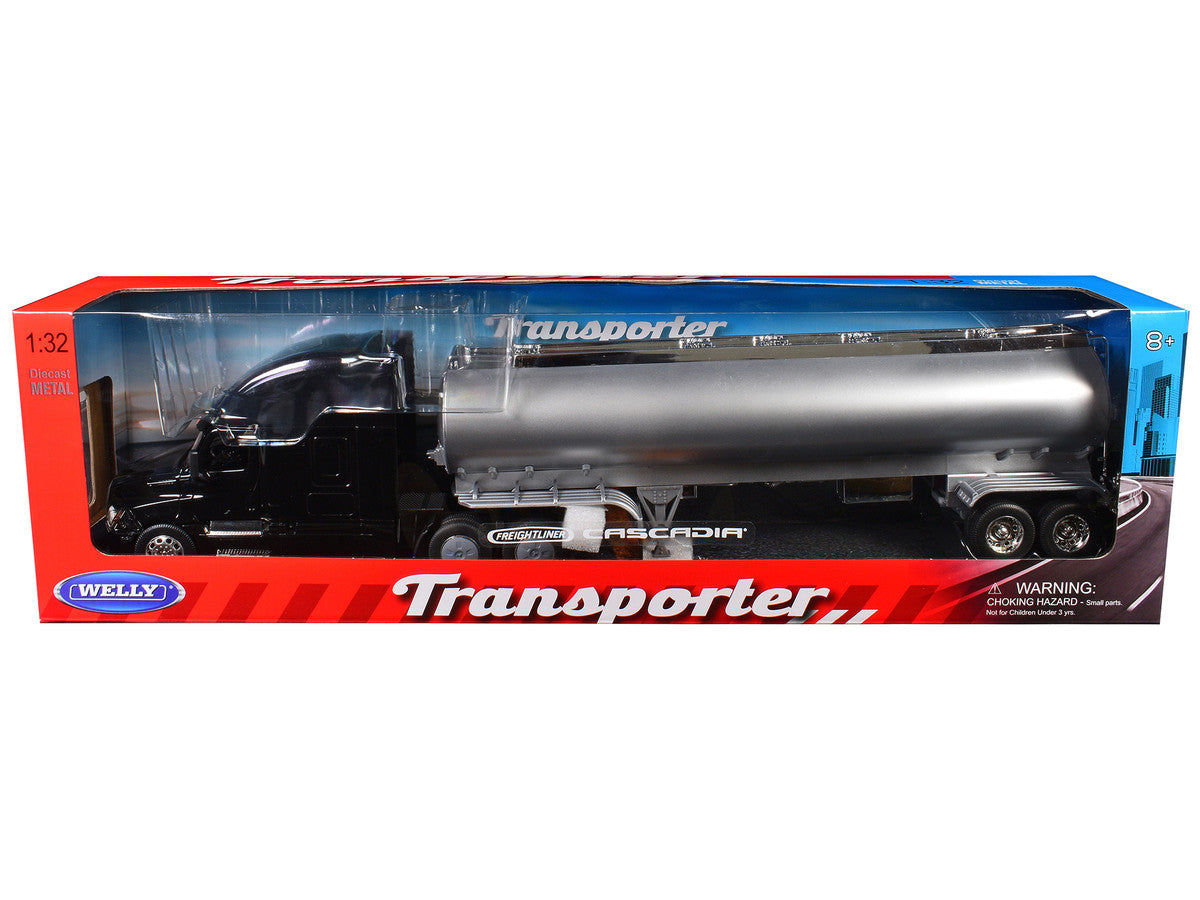 Freightliner Cascadia Truck Black with Silver Tanker Trailer "Transporter" Series 1/32 Diecast Model by Welly Welly