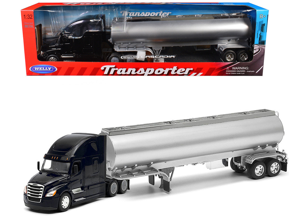 Freightliner Cascadia Truck Black with Silver Tanker Trailer "Transporter" Series 1/32 Diecast Model by Welly Welly