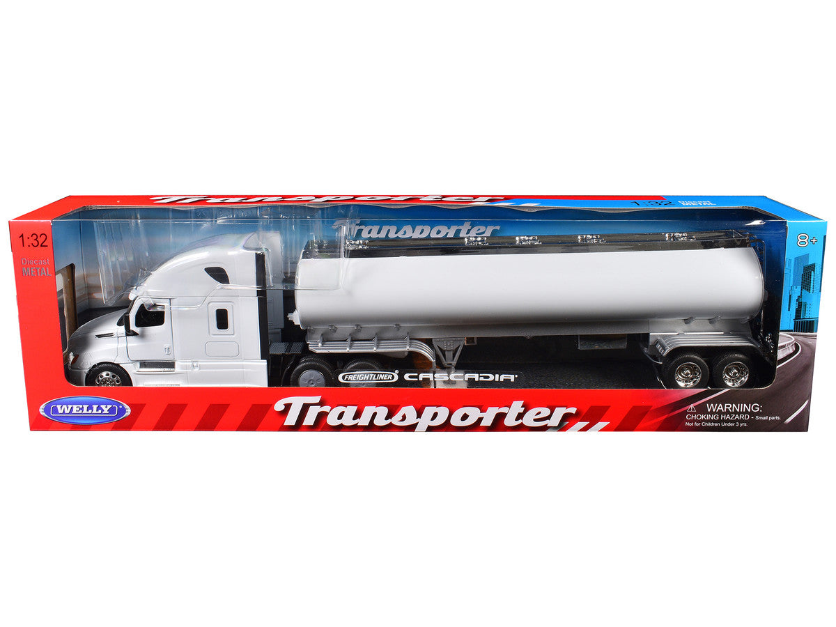 Freightliner Cascadia Truck White with White Tanker Trailer "Transporter" Series 1/32 Diecast Model by Welly Welly