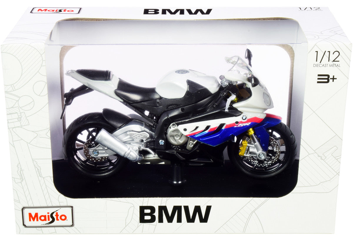 BMW S 1000 RR White with Blue and Red Stripes with Plastic Display Stand 1/12 Diecast Motorcycle Model by Maisto Maisto