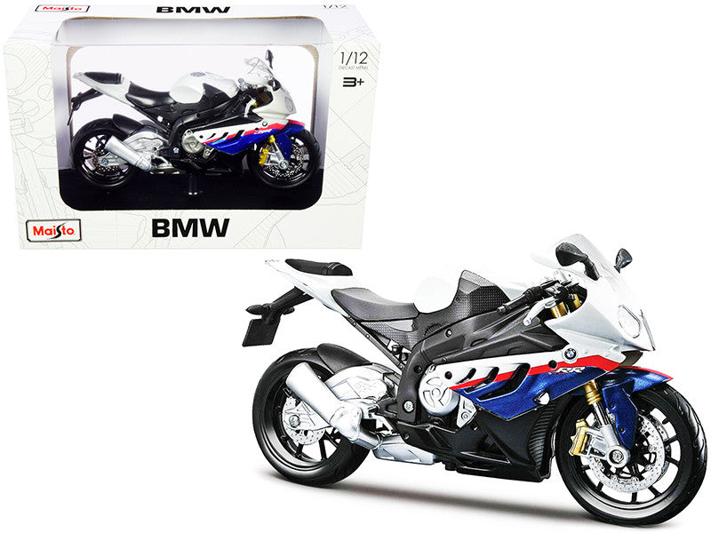 BMW S 1000 RR White with Blue and Red Stripes with Plastic Display Stand 1/12 Diecast Motorcycle Model by Maisto Maisto