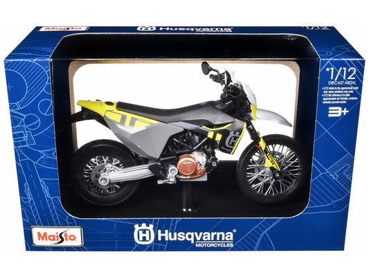 2023 Husqvarna 701 Supermoto Motorcycle Matt Black and Gray with Yellow and White Accents with Display Base 1/12 Diecast Model by Maisto-0