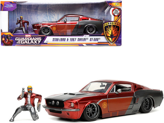 1967 Ford Mustang Shelby GT-500 Red Metallic and Gray Metallic with Star-Lord Diecast Figurine "Guardians of the Galaxy" "Marvel" Series 1/24 Diecast Model Car by Jada Jada