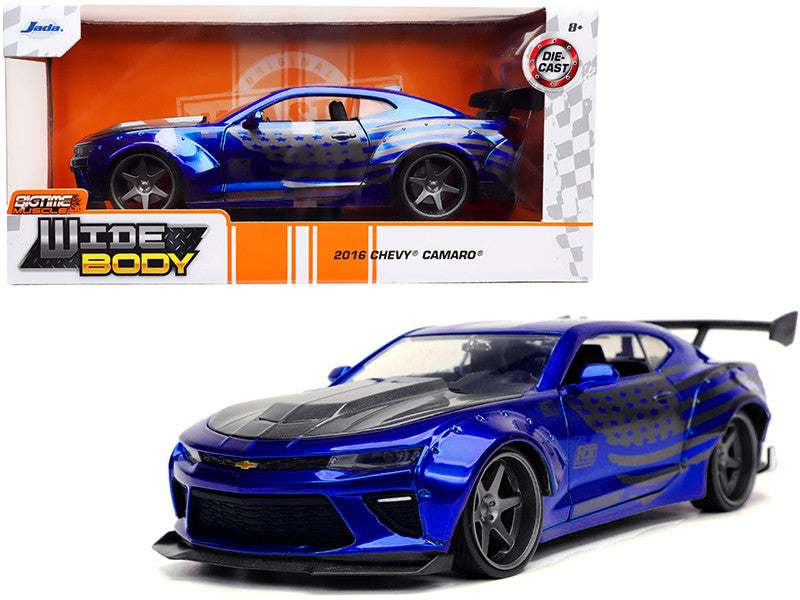 2016 Chevrolet Camaro Widebody Candy Blue with Gray Metallic Hood and American Flag Graphics "Bigtime Muscle" Series 1/24 Diecast Model Car by Jada Jada