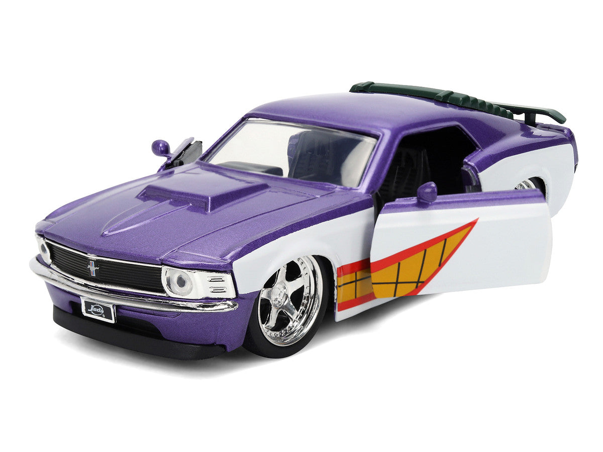 1970 Ford Mustang Boss "Joker" Livery Purple Metallic and White with Graphics "Batman" Franchise "Hollywood Rides" Series 1/32 Diecast Model Car by Jada Jada