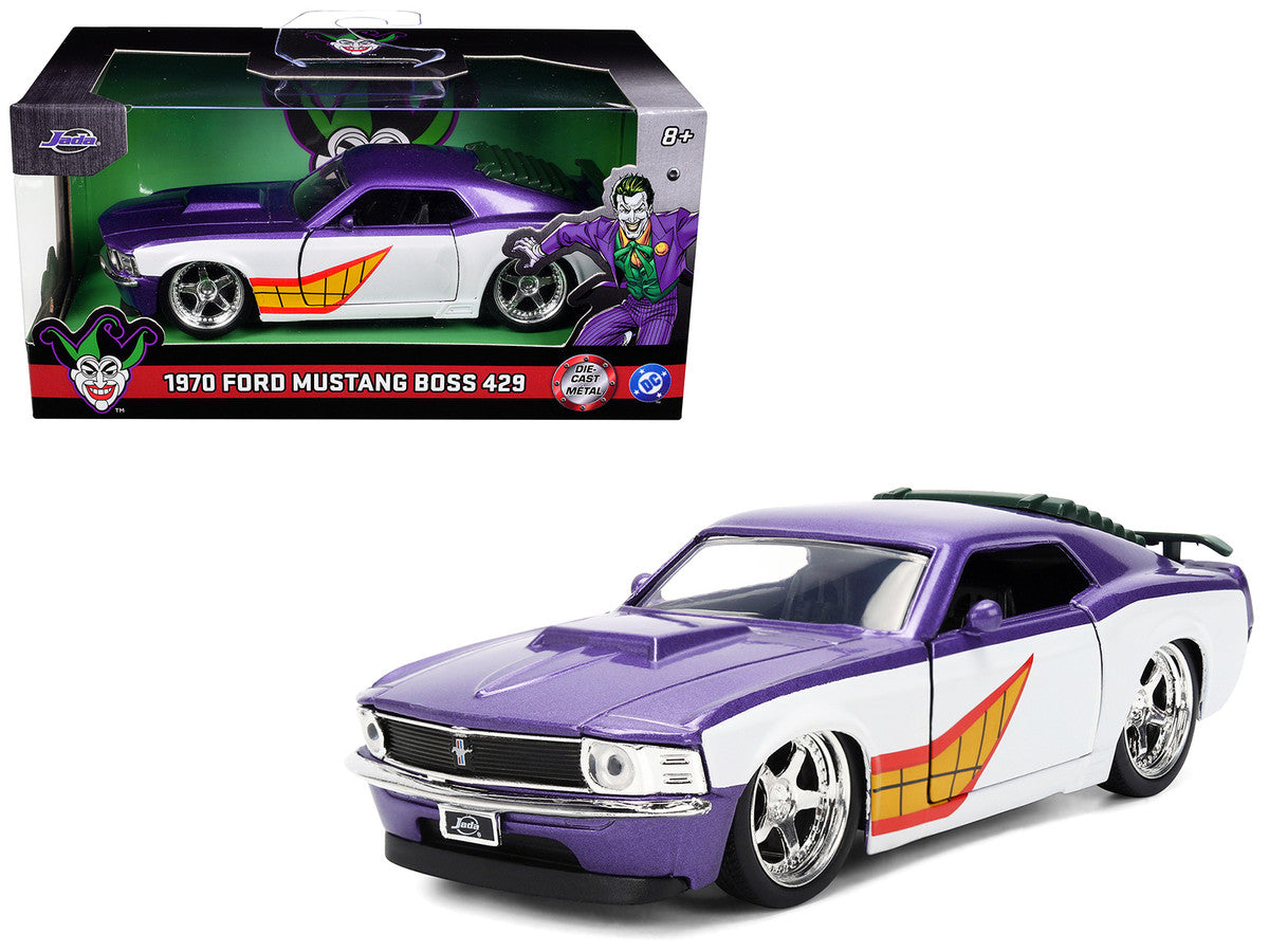 1970 Ford Mustang Boss "Joker" Livery Purple Metallic and White with Graphics "Batman" Franchise "Hollywood Rides" Series 1/32 Diecast Model Car by Jada Jada