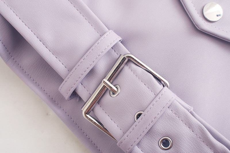 Women's Belted Motorcycle Jacket - Street Hipster Faux Leather Coat with Suit Collar (Black/Purple/Beige, XS-L) LadyShow.Store