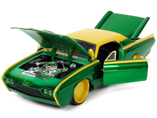 1963 Ford Thunderbird Green and Yellow Metallic with Hood Graphics and Loki Diecast Figure "Loki" "Marvel" Series 1/24 Diecast Model Car by Jada Jada