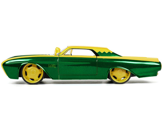 1963 Ford Thunderbird Green and Yellow Metallic with Hood Graphics and Loki Diecast Figure "Loki" "Marvel" Series 1/24 Diecast Model Car by Jada Jada