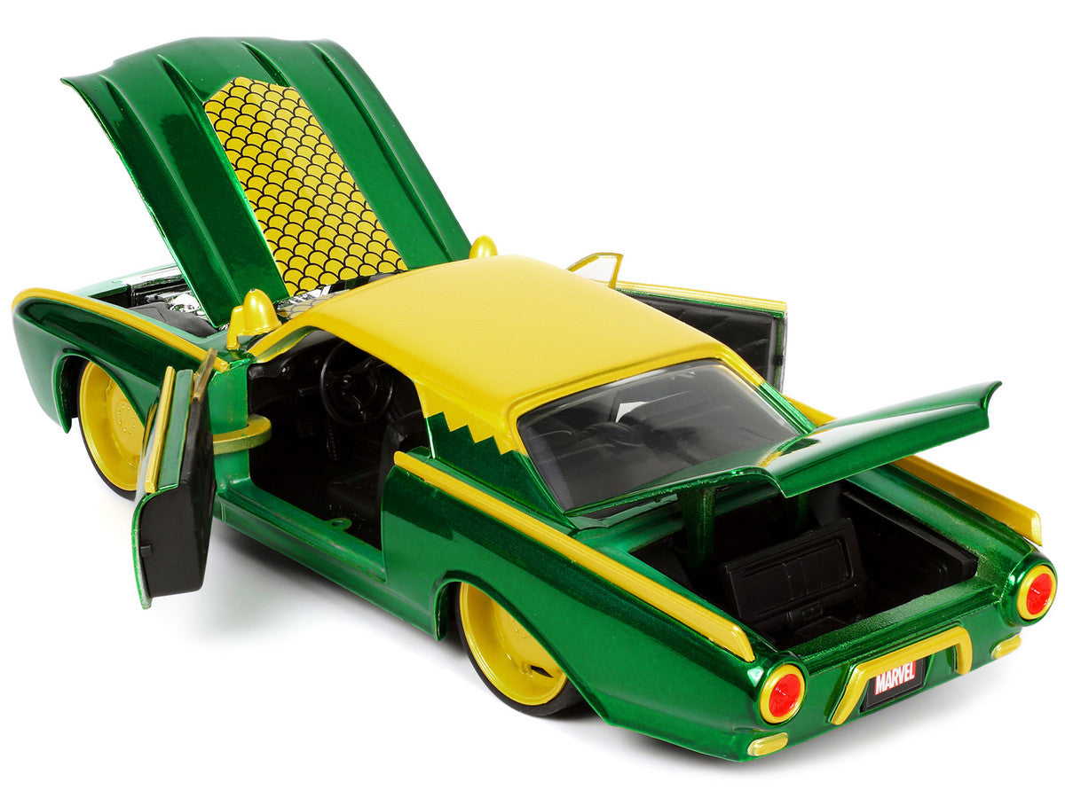 1963 Ford Thunderbird Green and Yellow Metallic with Hood Graphics and Loki Diecast Figure "Loki" "Marvel" Series 1/24 Diecast Model Car by Jada Jada