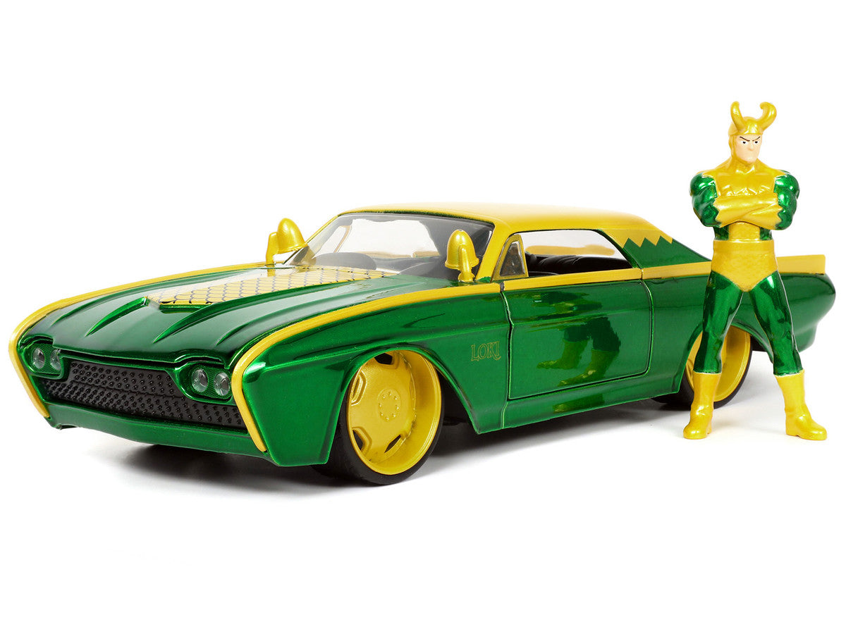 1963 Ford Thunderbird Green and Yellow Metallic with Hood Graphics and Loki Diecast Figure "Loki" "Marvel" Series 1/24 Diecast Model Car by Jada Jada
