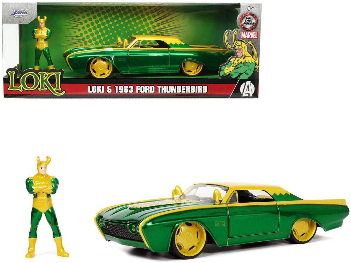 1963 Ford Thunderbird Green and Yellow Metallic with Hood Graphics and Loki Diecast Figure "Loki" "Marvel" Series 1/24 Diecast Model Car by Jada Jada