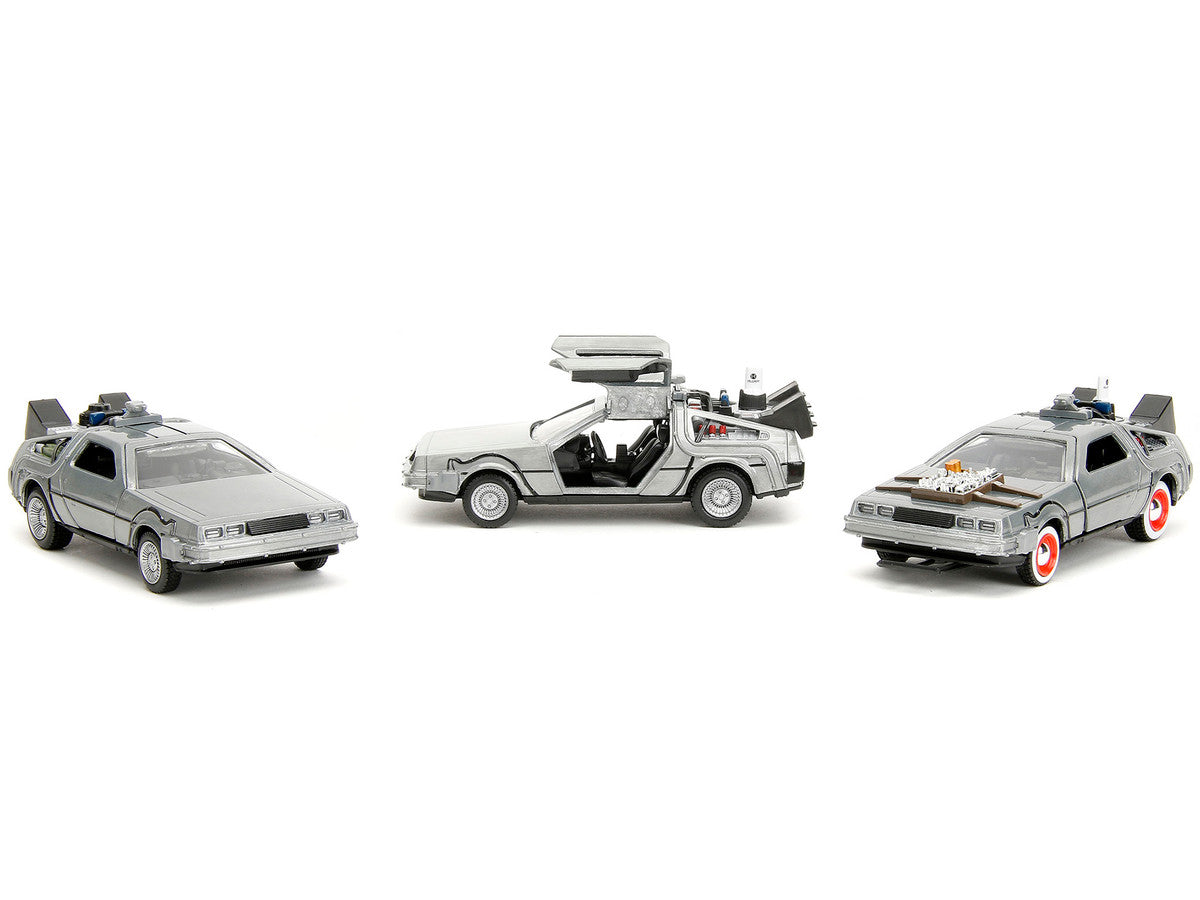 "Back to the Future" Delorean Set of 3 pieces "Hollywood Rides" Series 1/32 Diecast Model Car by Jada Jada