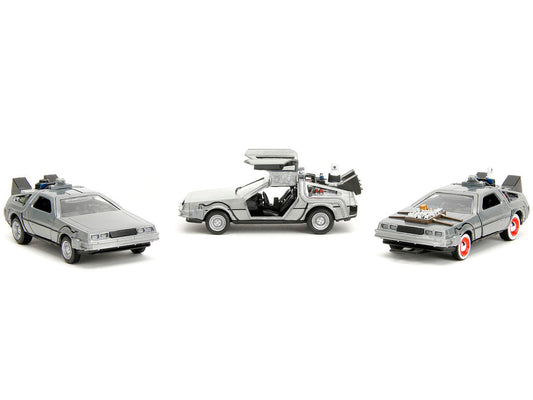 "Back to the Future" Delorean Set of 3 pieces "Hollywood Rides" Series 1/32 Diecast Model Car by Jada Jada